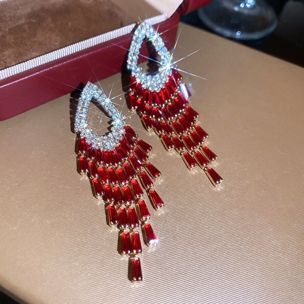 Red Crystal Chandelier Drop Earrings - Women Jewelry